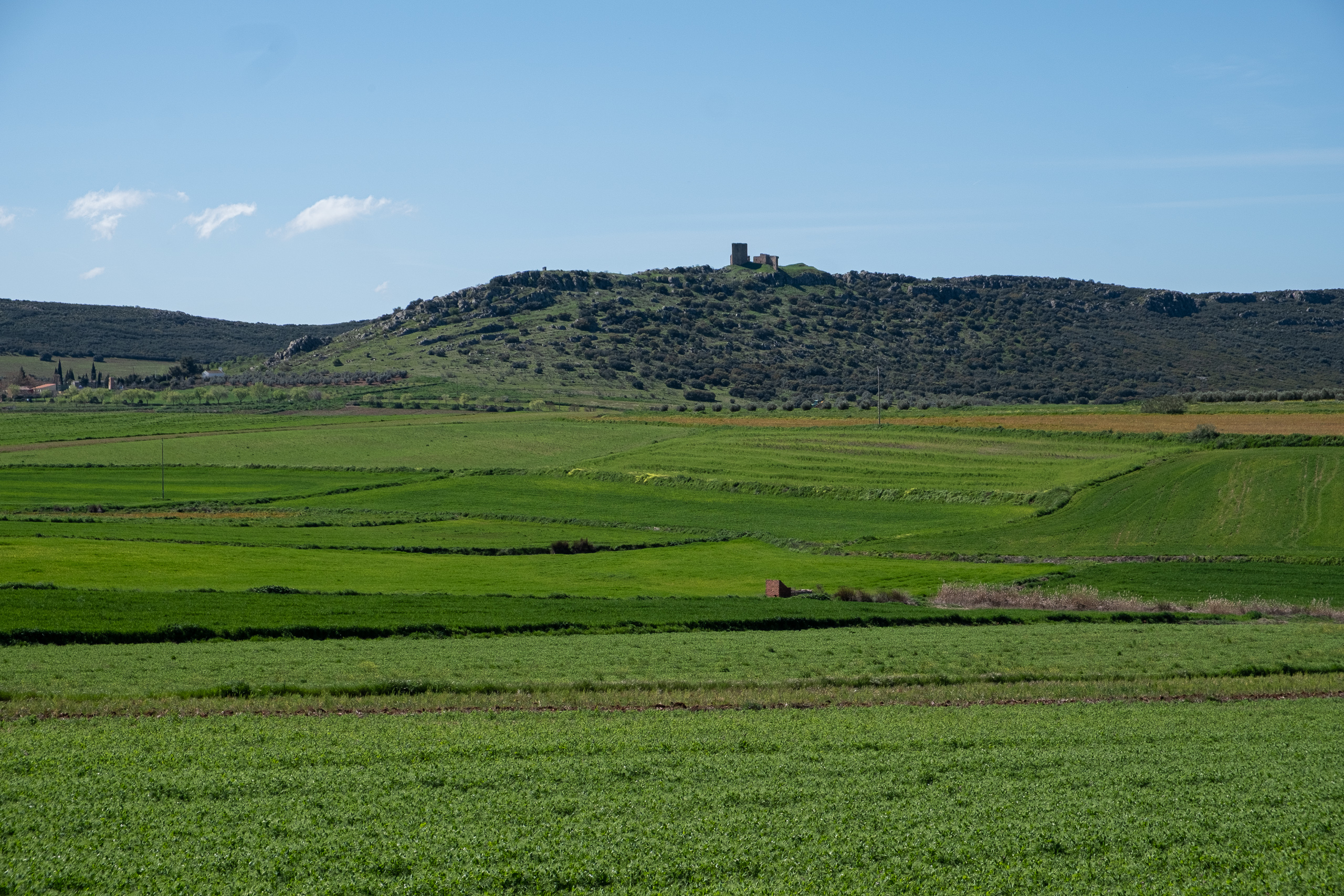 Erste Blicke auf die Burg von Almodóvar del Campo